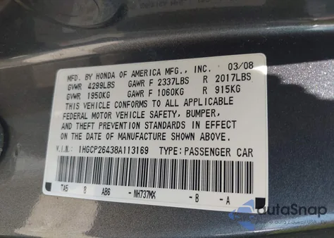 2008 Honda Accord 2.4 Lx-P из США, поврежденный, VIN 1HGCP26438A113169